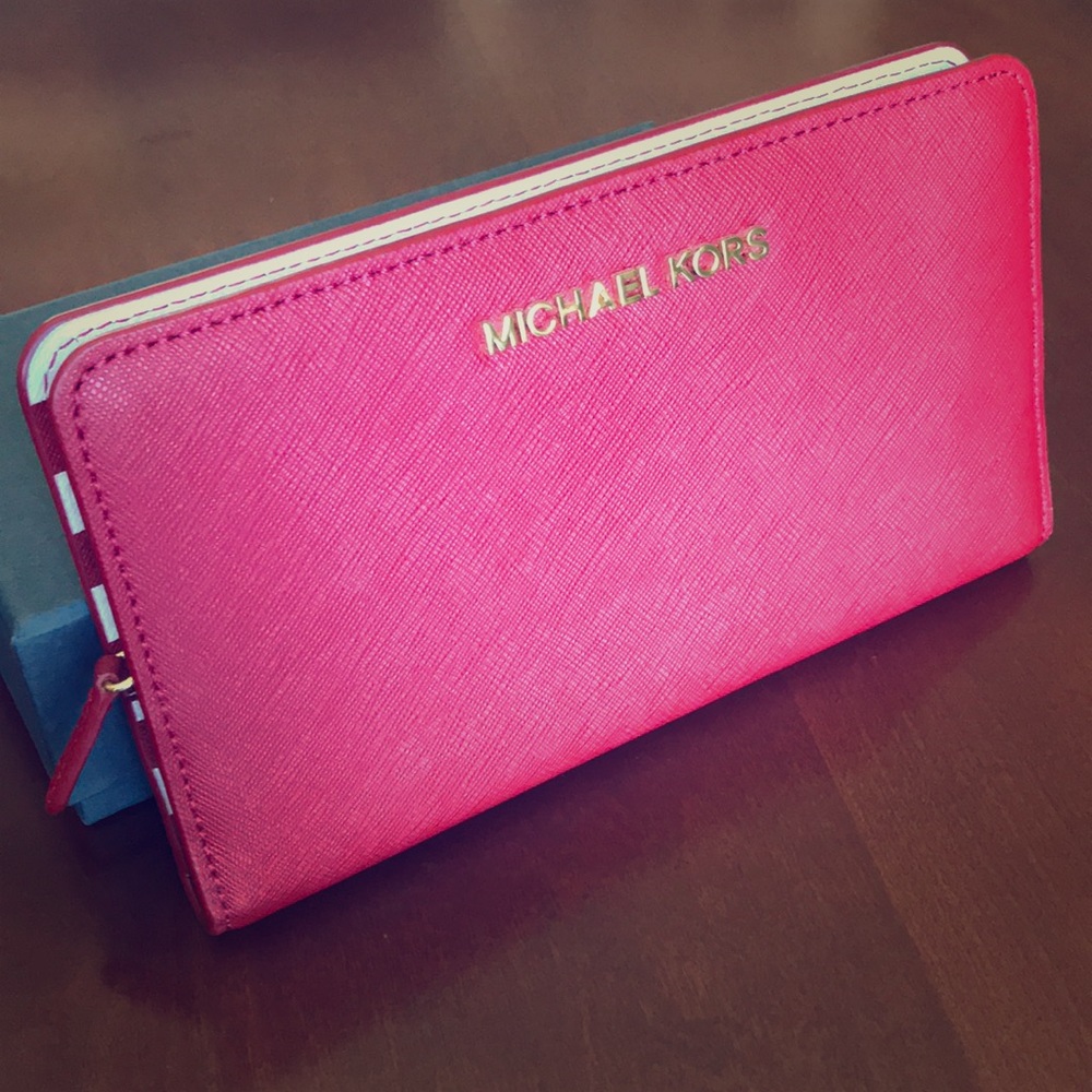 NEW Michael Kors red clutch with striped interior